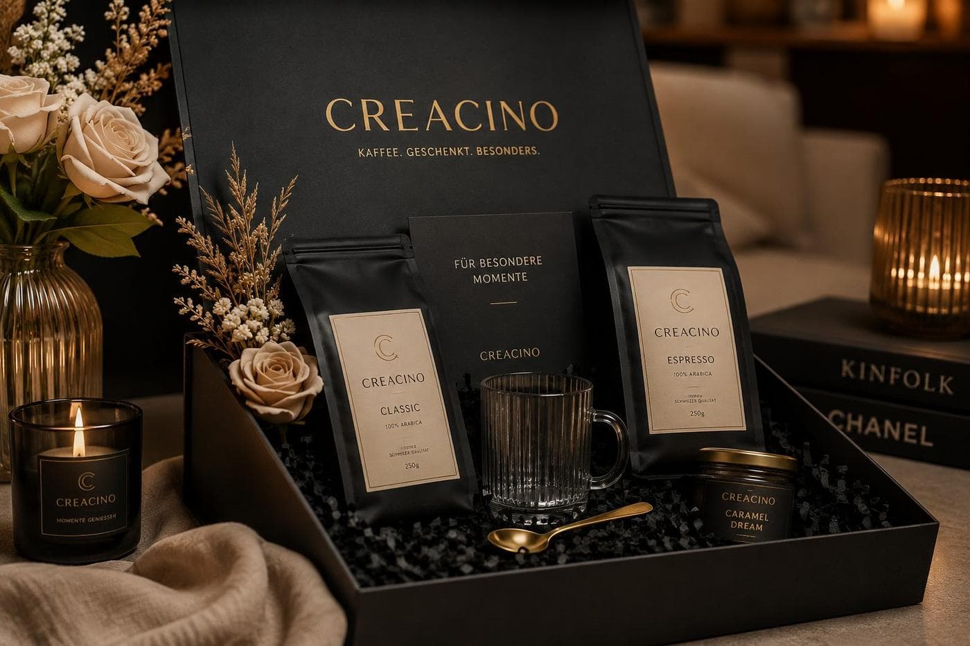 Creacino Geschenkbox mit Kaffee, Glastasse und goldenen Details
